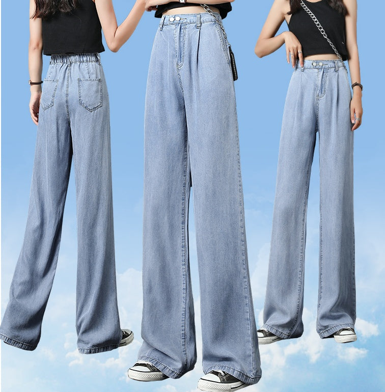Women’s Ice-Silk Straight Pants – High-Waist Drape, Floor-Sweeping Length