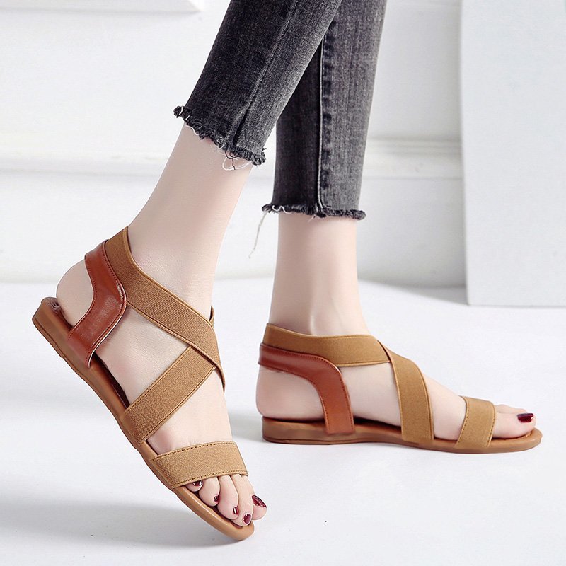 Solid Color Flat Heel Cross Elastic Band Flat Roman Style Sandals