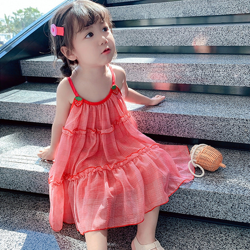 Girls' Skirt Strawberry Mesh Suspender Dress