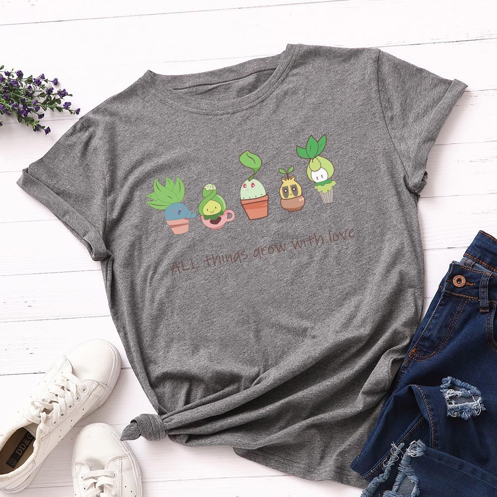 Loose Round Neck Short Sleeved Cotton T-shirt Women