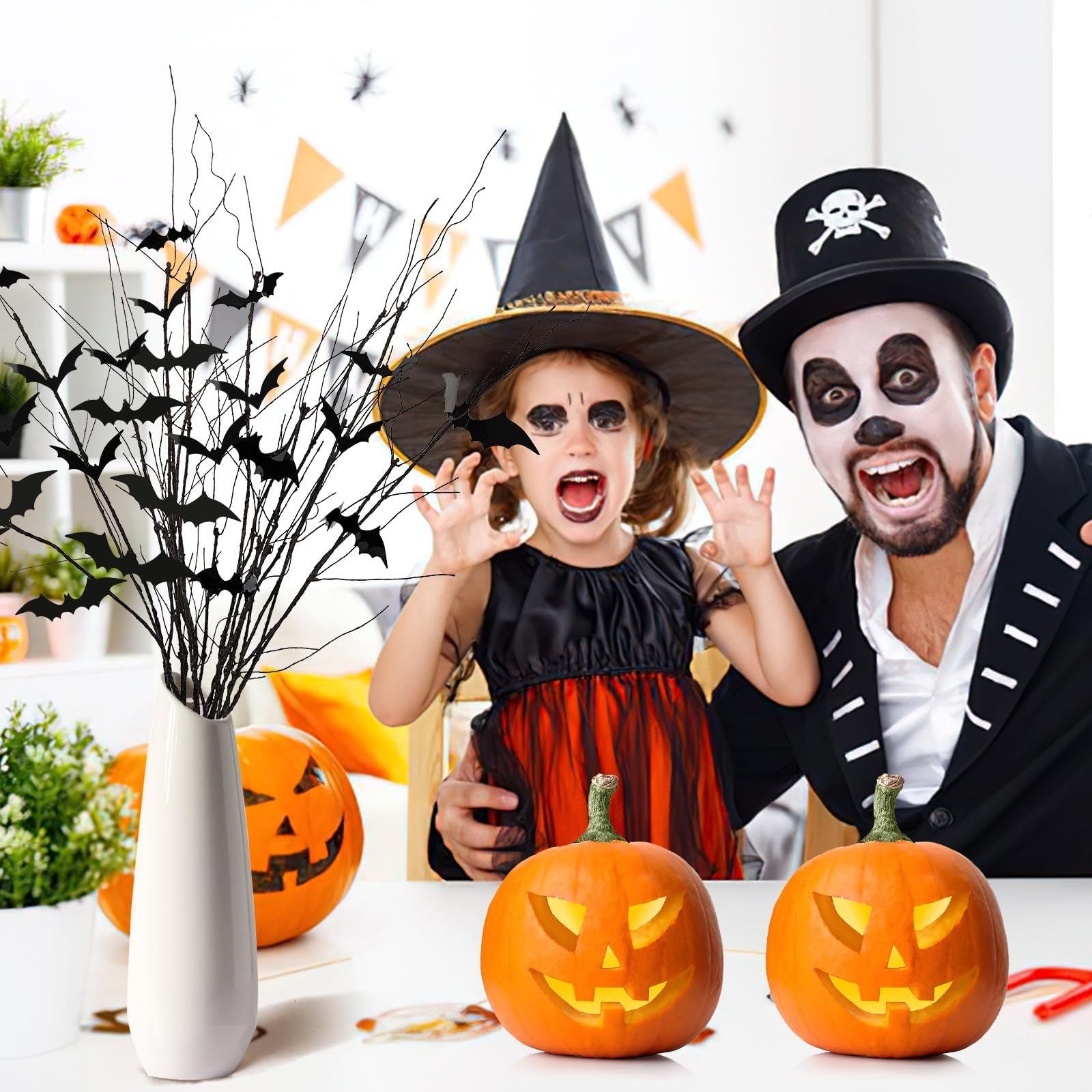 Curly Willow Branches with Bats – 29.5" Artificial Black Stems with 36 Halloween Bat Stickers for Home and Party Decorations