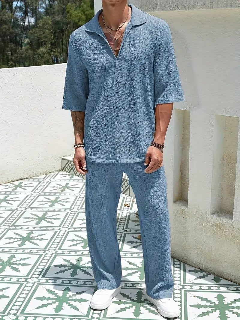 Set Pants Commuter Casual Fir Sheean V-neck Lesh Laueyn Gearr Set Daa-piece Briwnyn Corrugated
