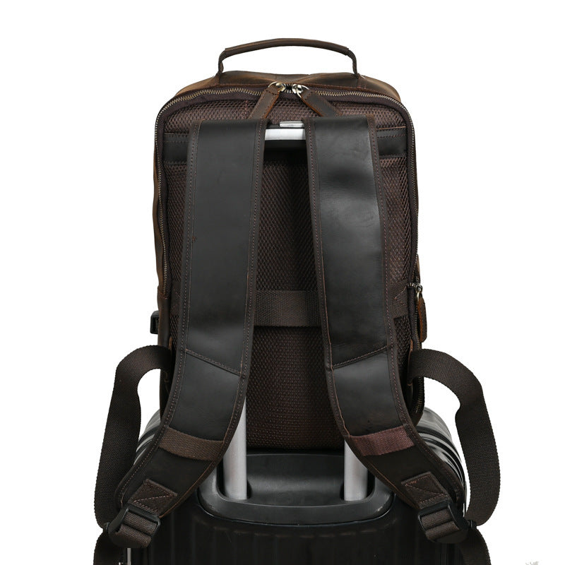 Men's European Genuine Leather Travel Backpack Solid Color