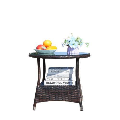 Brown Rattan Outdoor Patio Round Coffee Table with Clear Tempered Glass Top