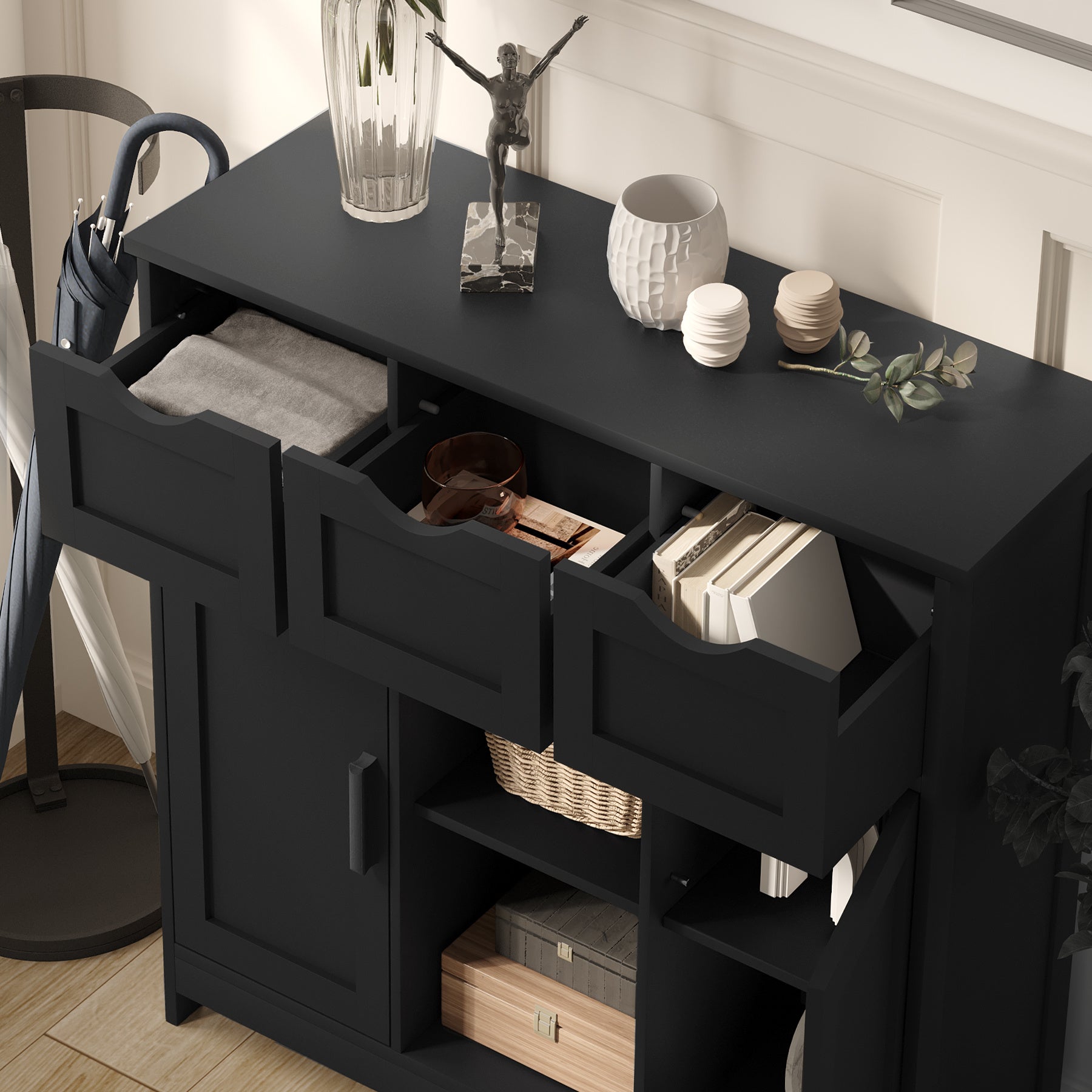 Wooden Floor Storage Cabinet with Drawers and Shelves