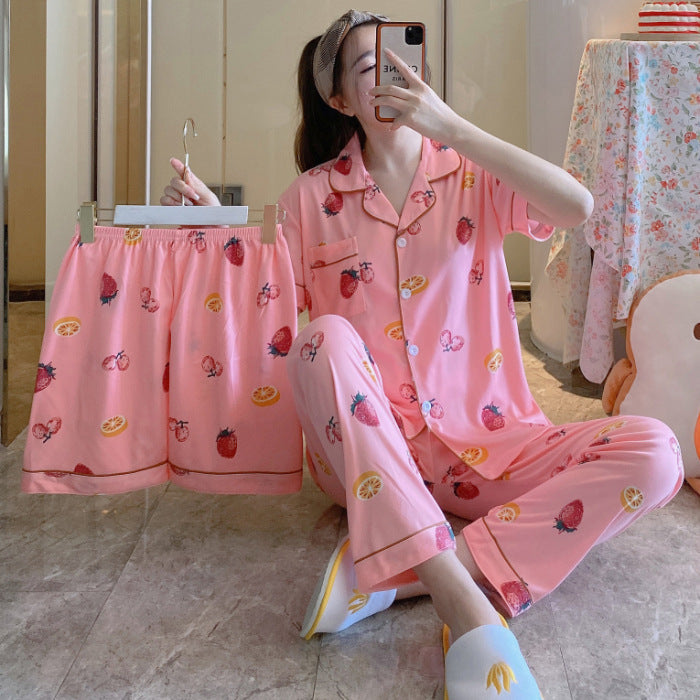 Women's Fruit Print Milk Silk Pajama Set Short Sleeve