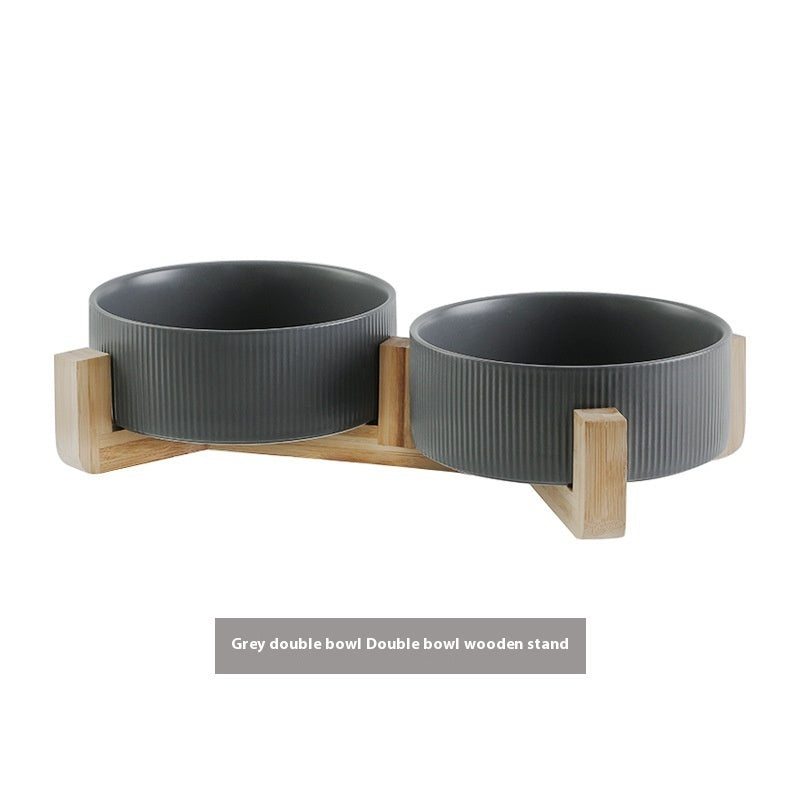 Pet Simple Wooden Frame Anti-tumble Ceramic Bowl