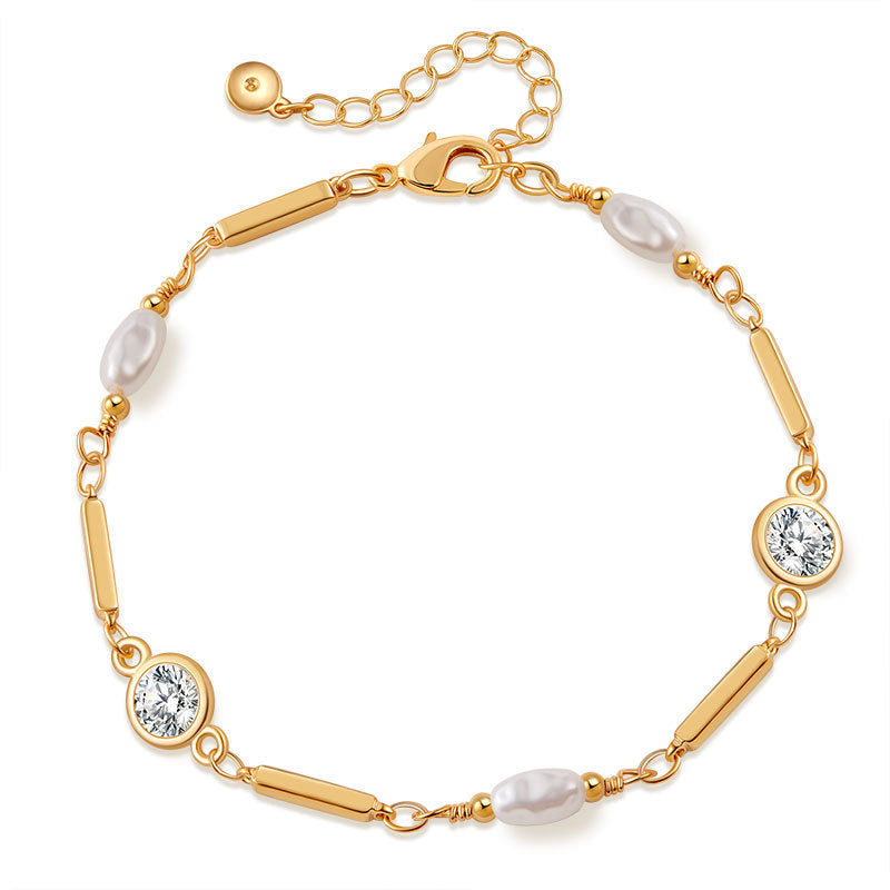 Women's 18K Gold Color Bracelet – Round Zircon & Pearl Copper Design