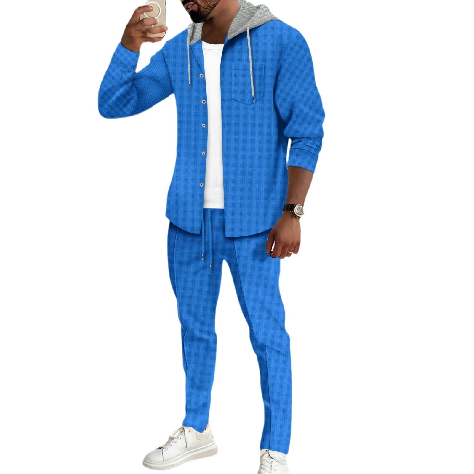 Men's Casual Hooded Color Block Long Sleeve Cardigan Jacket Trousers Suit