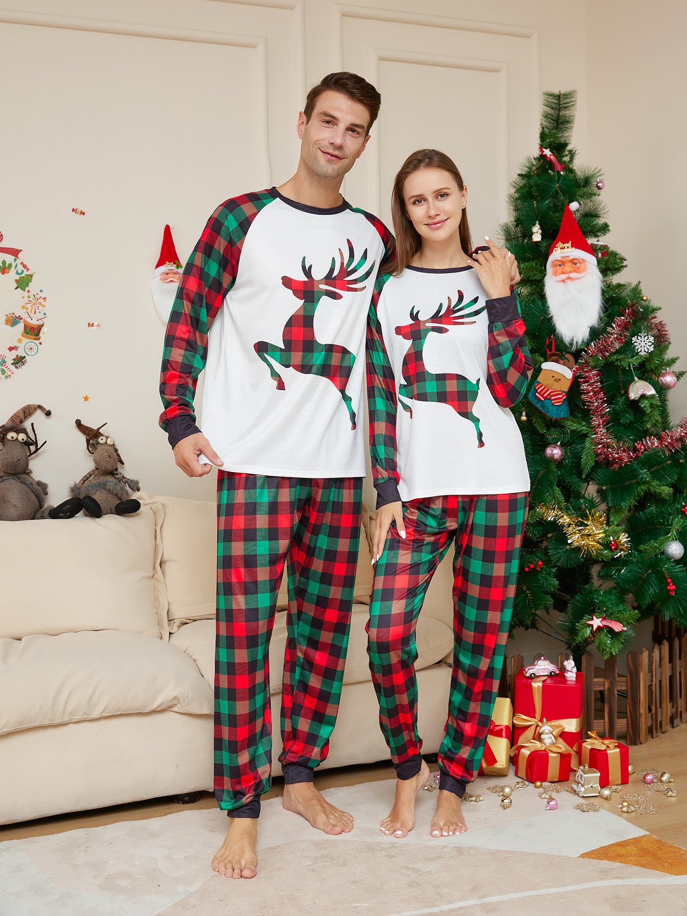 Christmas Parent-child Cartoon Elk Plaid Printed Pajamas Set