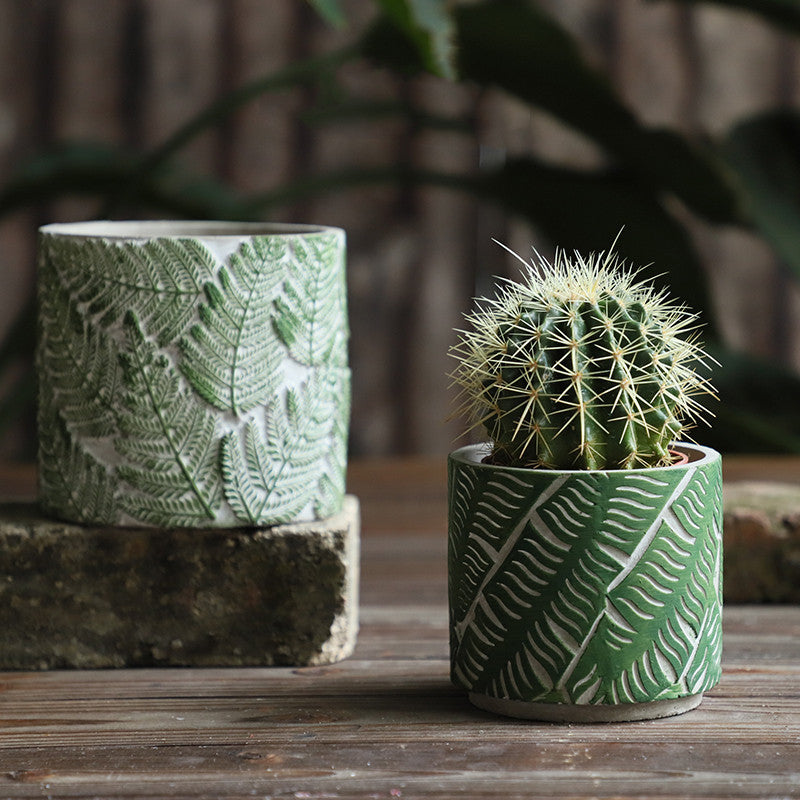 Ins Nordic Embossed Leaf Pattern Cement Flower Pot Ornament