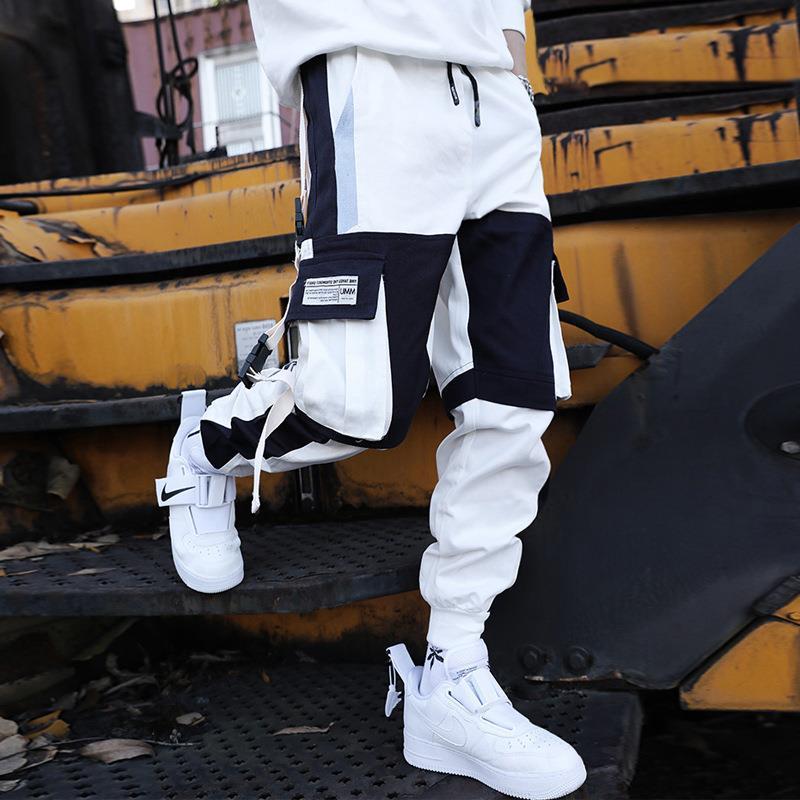 Men’s Hip-Hop Contrast Stitch Drawstring Cargo Pants – Streetwear Style