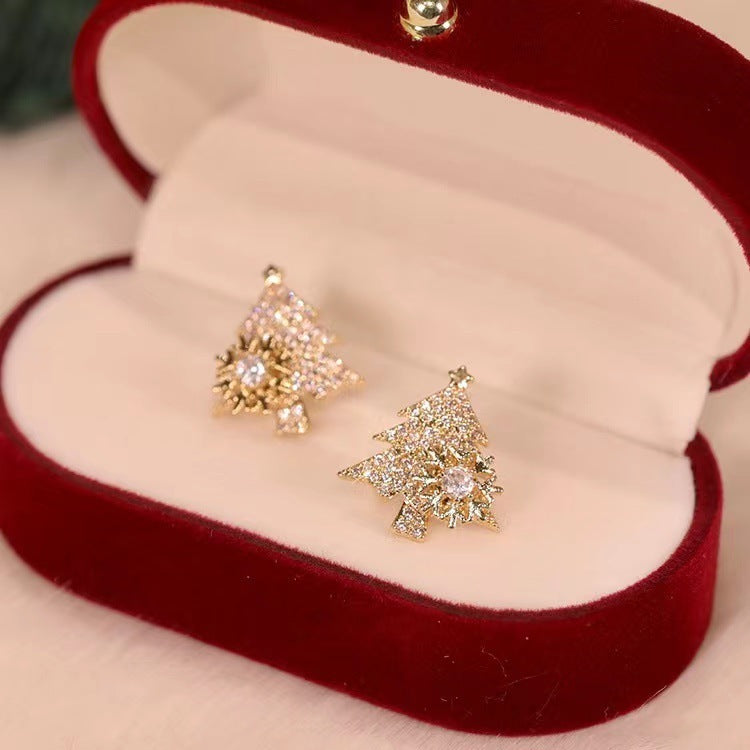 Rotatable Christmas Tree Earrings with Rhinestone Snowflake Studs Holiday Festival Jewelry Gifts for Women