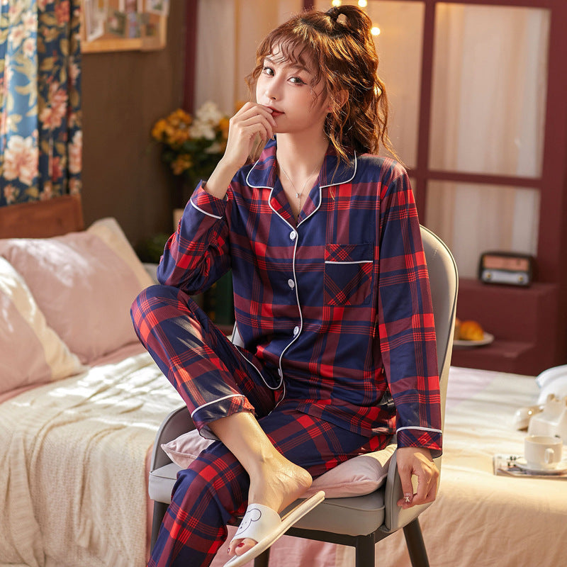 Womens Plaid Milk Silk Cardigan Pajama Set Long Pants