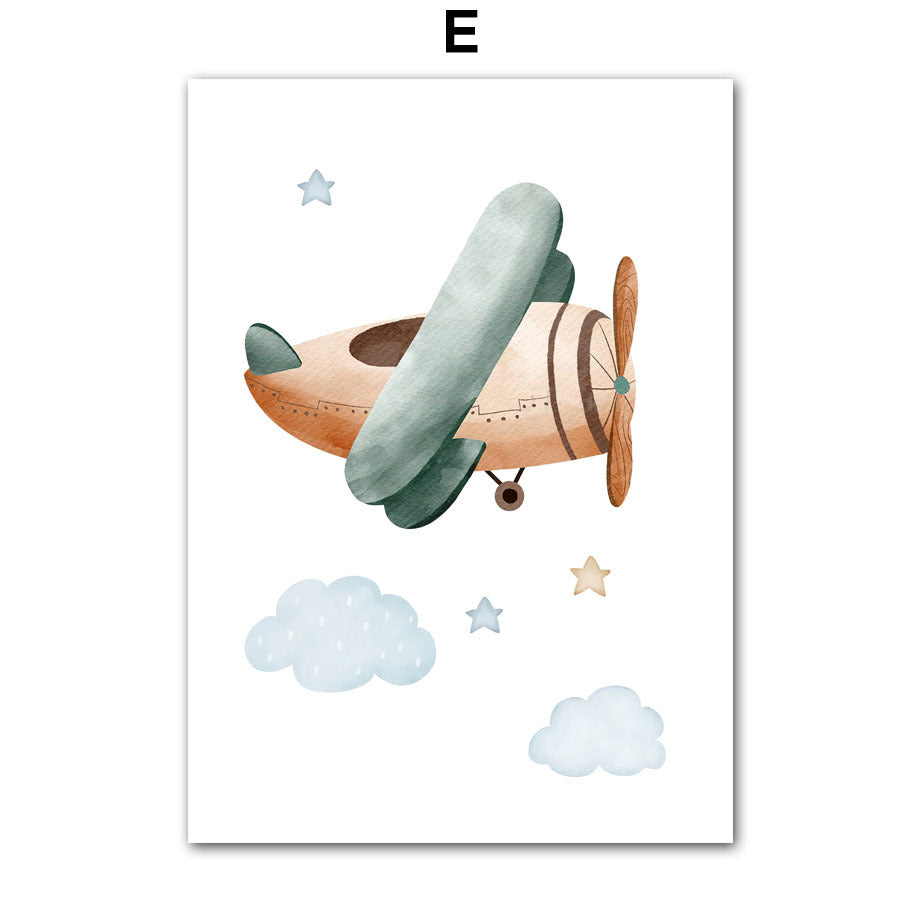 Children’s Room Wall Art – Cartoon Aircraft, Spaceship & Mountain Canvas Print