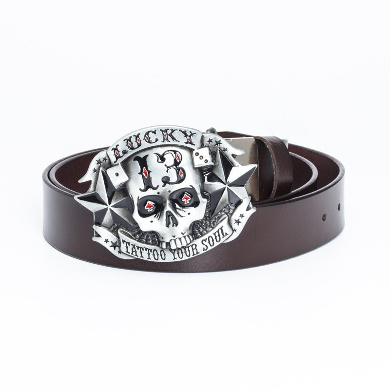Genuine Leather Skull Belt – Smooth Buckle, Alloy Hardware