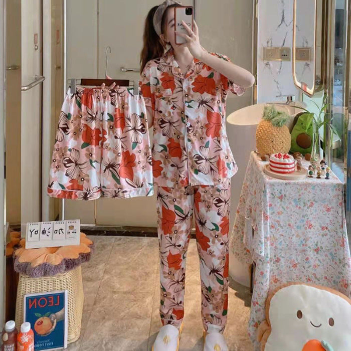 Womens Milk Silk Fruit Print Pajamas Short Sleeve Relaxed