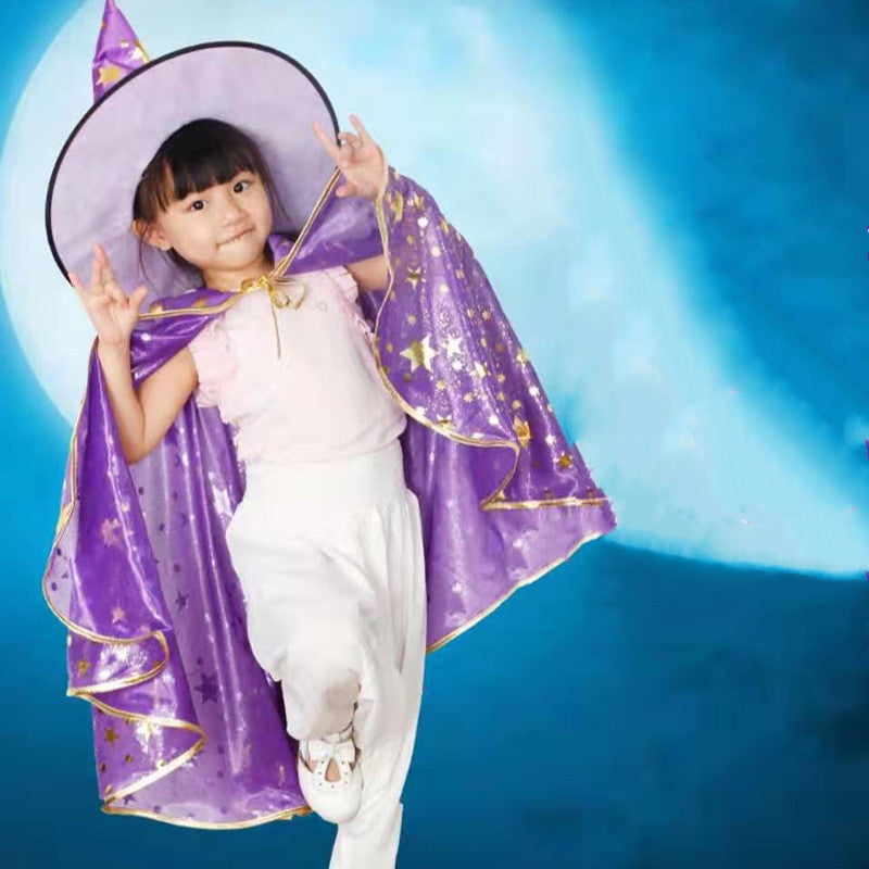 Kids Wizard Cloak Costume with Hat Star Print Polyester Cape for Halloween Party Dress Up