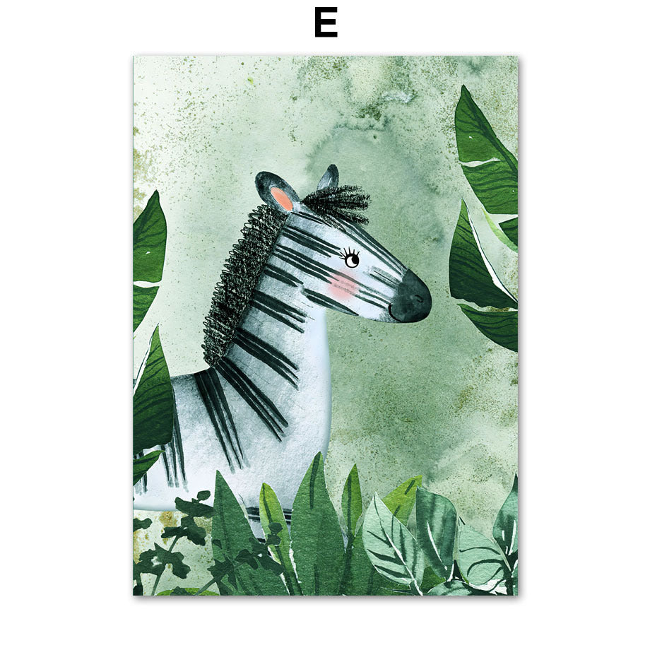 Jungle Animals Nursery Wall Art – Lion, Elephant, Giraffe, Zebra & Leopard Canvas Print