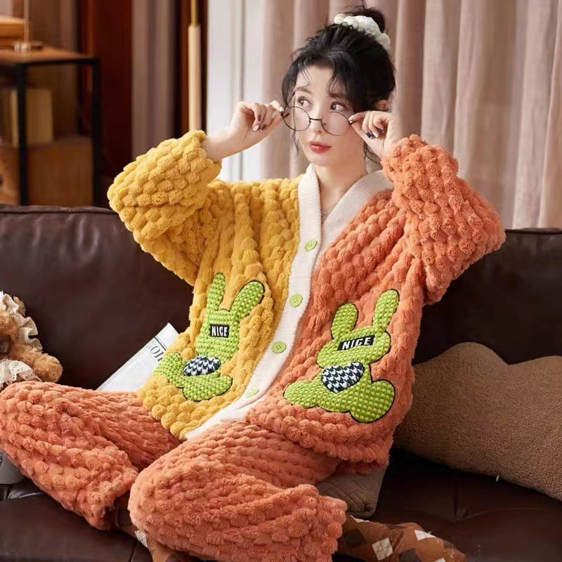 Women's Cartoon Flannel Winter Loungewear Set Relaxed Fit