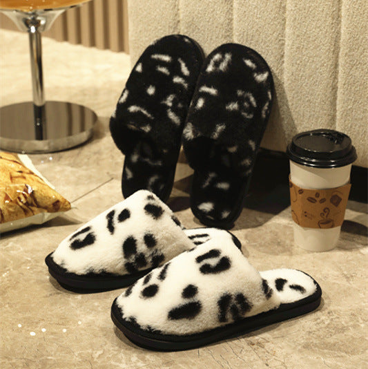 Unisex Leopard Print Suede Slippers With Warm Cotton Lining