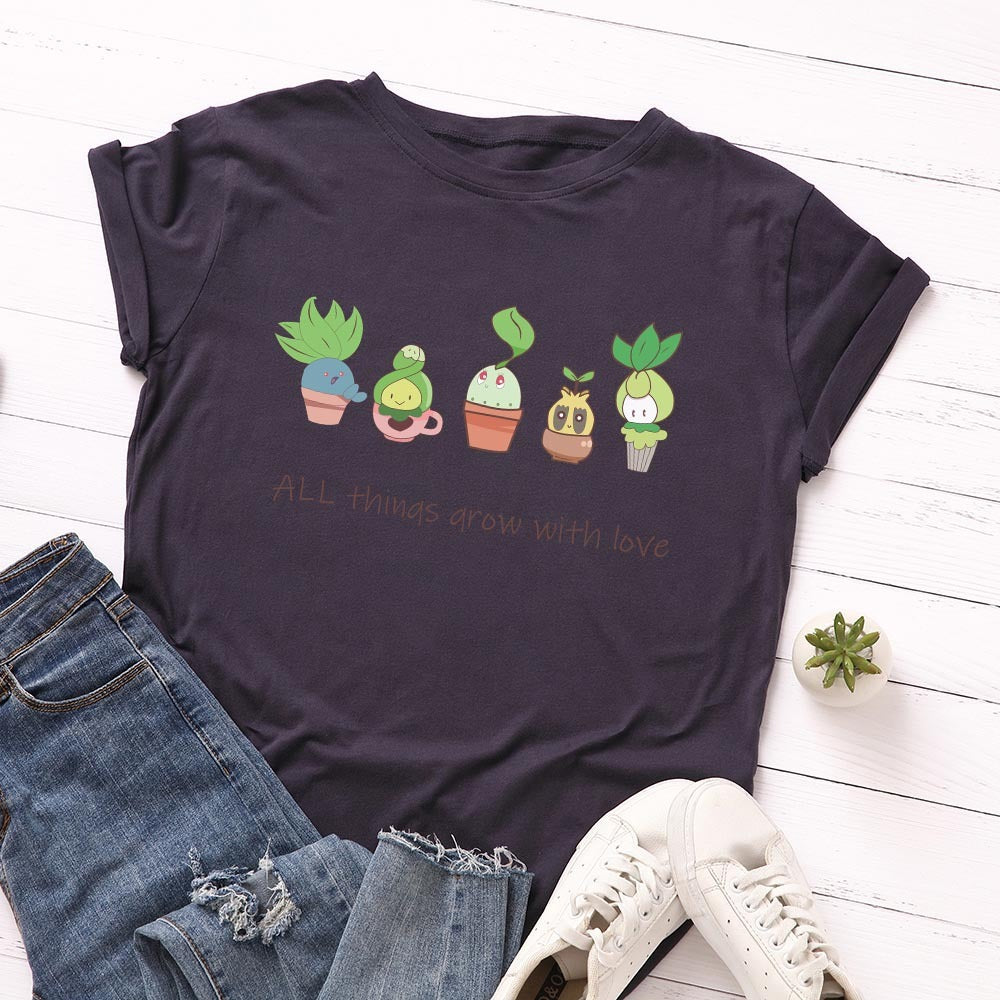 Loose Round Neck Short Sleeved Cotton T-shirt Women