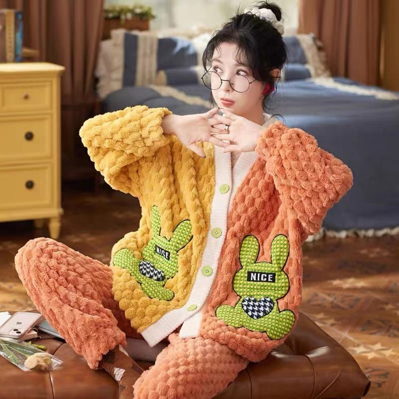 Women's Cartoon Flannel Winter Loungewear Set Relaxed Fit