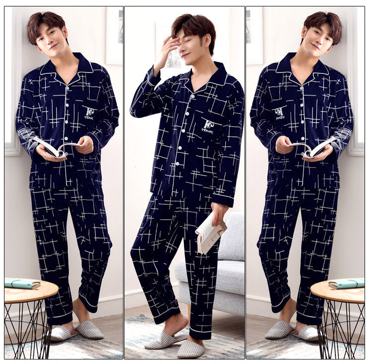 Cotton Pajamas Men's Long Sleeve Plaid Casual Oversize Home Clothes Suit