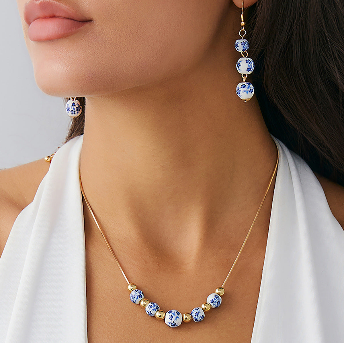 Blue And White Porcelain Round Beads Tassel Necklace Simple All-match Flower Earrings