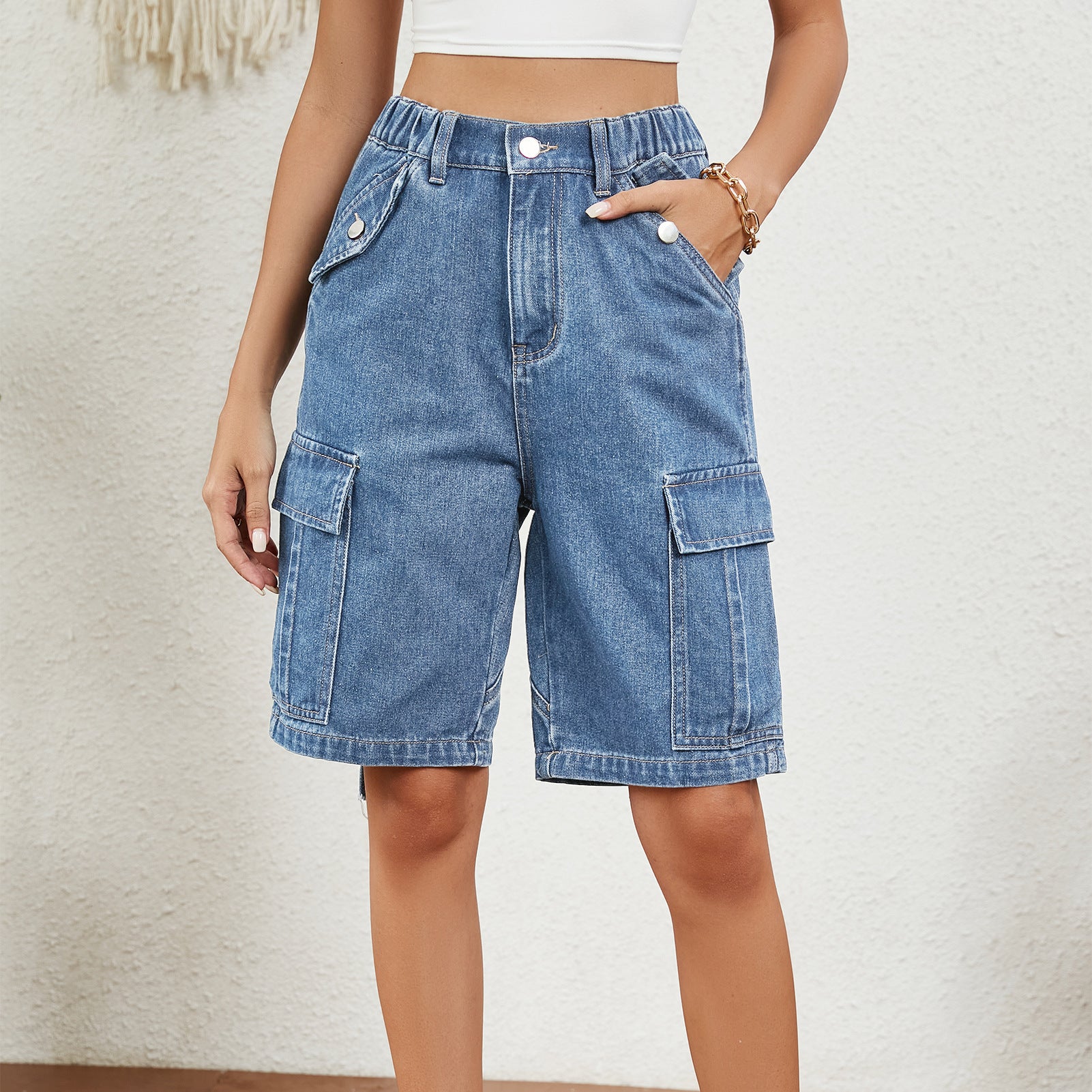 Distressed Denim Cargo Shorts – Mid Waist Straight Leg Street Style Overalls for Women