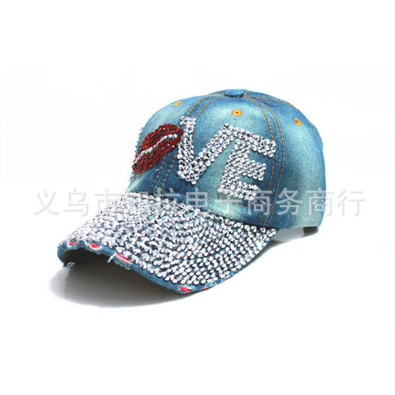 Trendy LOVE Diamond Washed Denim Hat Ladies
