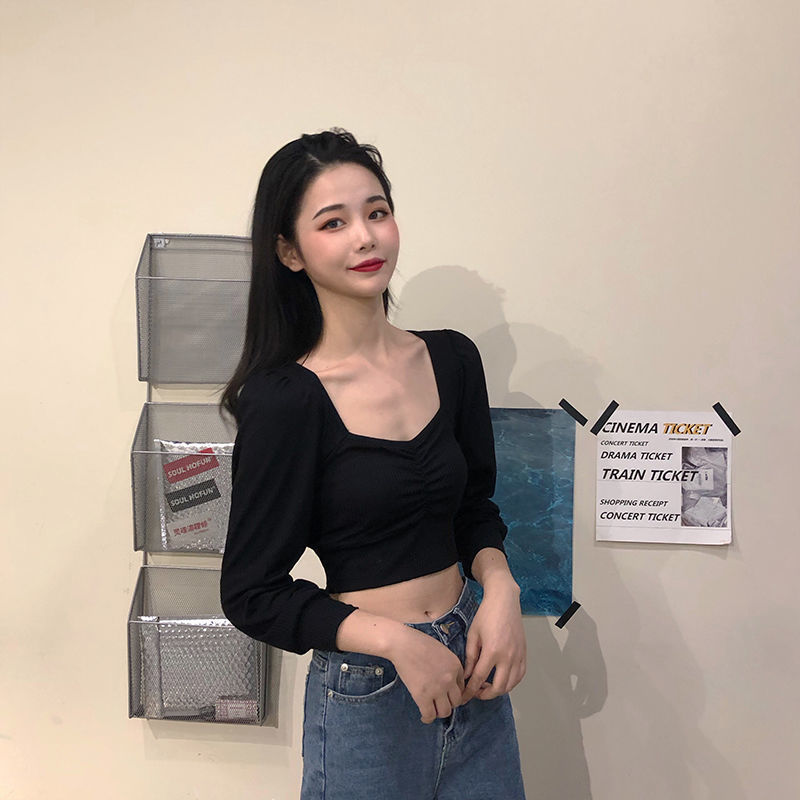 New Navel High Waist Short T-shirt Net Celebrity Top Women  Bottoming Shirt