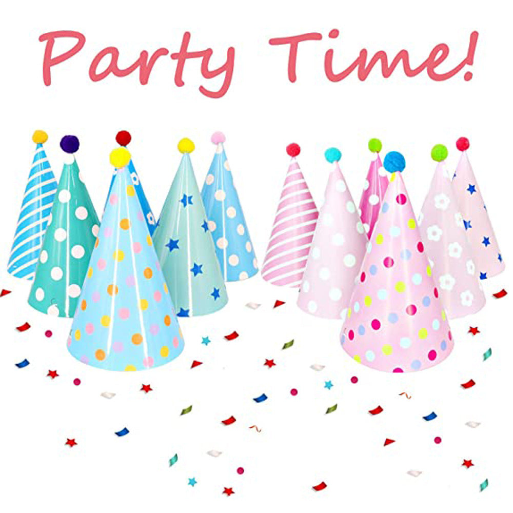 Set of 12 Colorful Paper Party Hats with Pompoms and Elastic Ropes