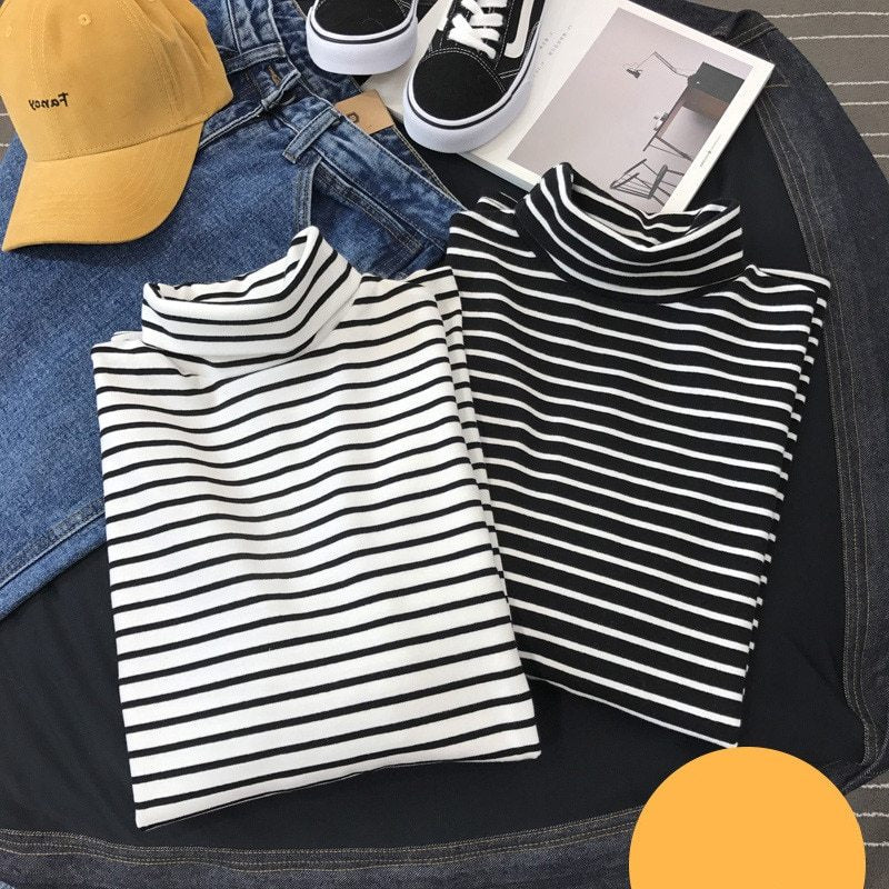 Women's High-Neck Striped Top – Cozy Early Autumn & Winter Long Sleeve Blouse