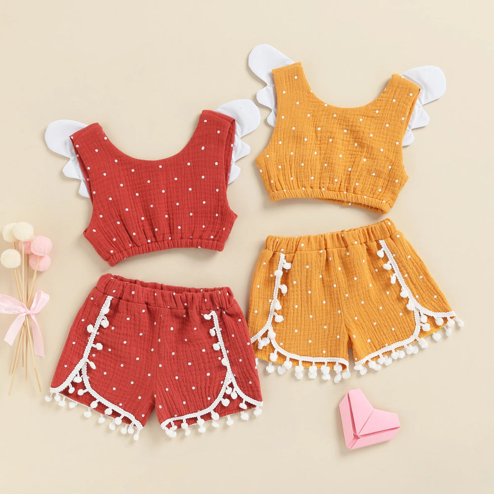 Girls Baby Cotton Linen Polka Dot Outfit – European and American Style Vest and Shorts Set for Children’s Clothing