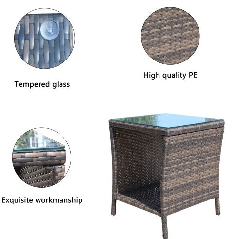Brown PE Rattan Outdoor Coffee Table with Clear Tempered Glass
