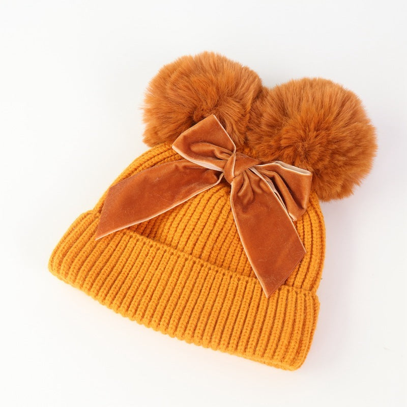 Double Ball Bow Knit Hat For Thick And Warm