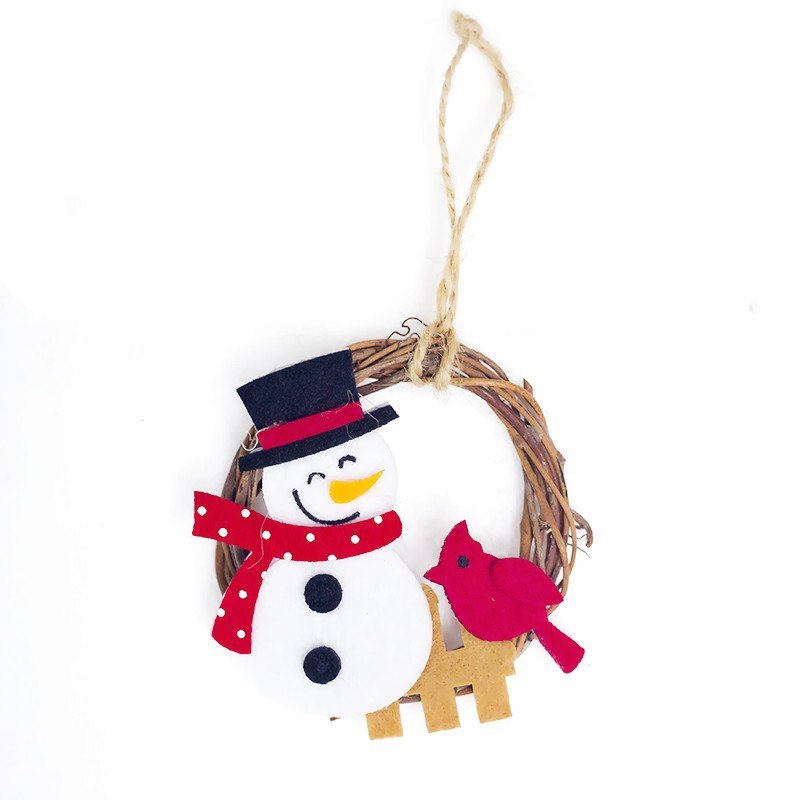 Christmas Wicker Rattan Ring Ornament with Cartoon Felt Santa Pendant