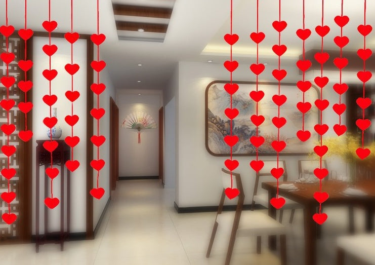 DIY Heart-Shaped Non-Woven Flower Curtain with 16 Hearts and 3m Red Rope