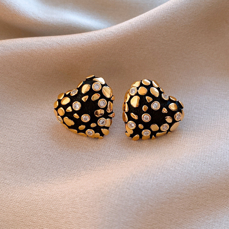 Gold Plating Silver Needle Zircon Dripping Oil Love Heart Earrings Autumn