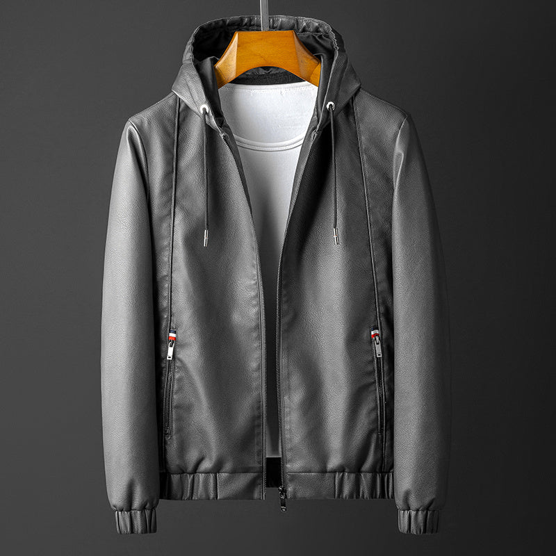 Slim Fit Hood Leather Mens Spring Autumn Casual Jacket