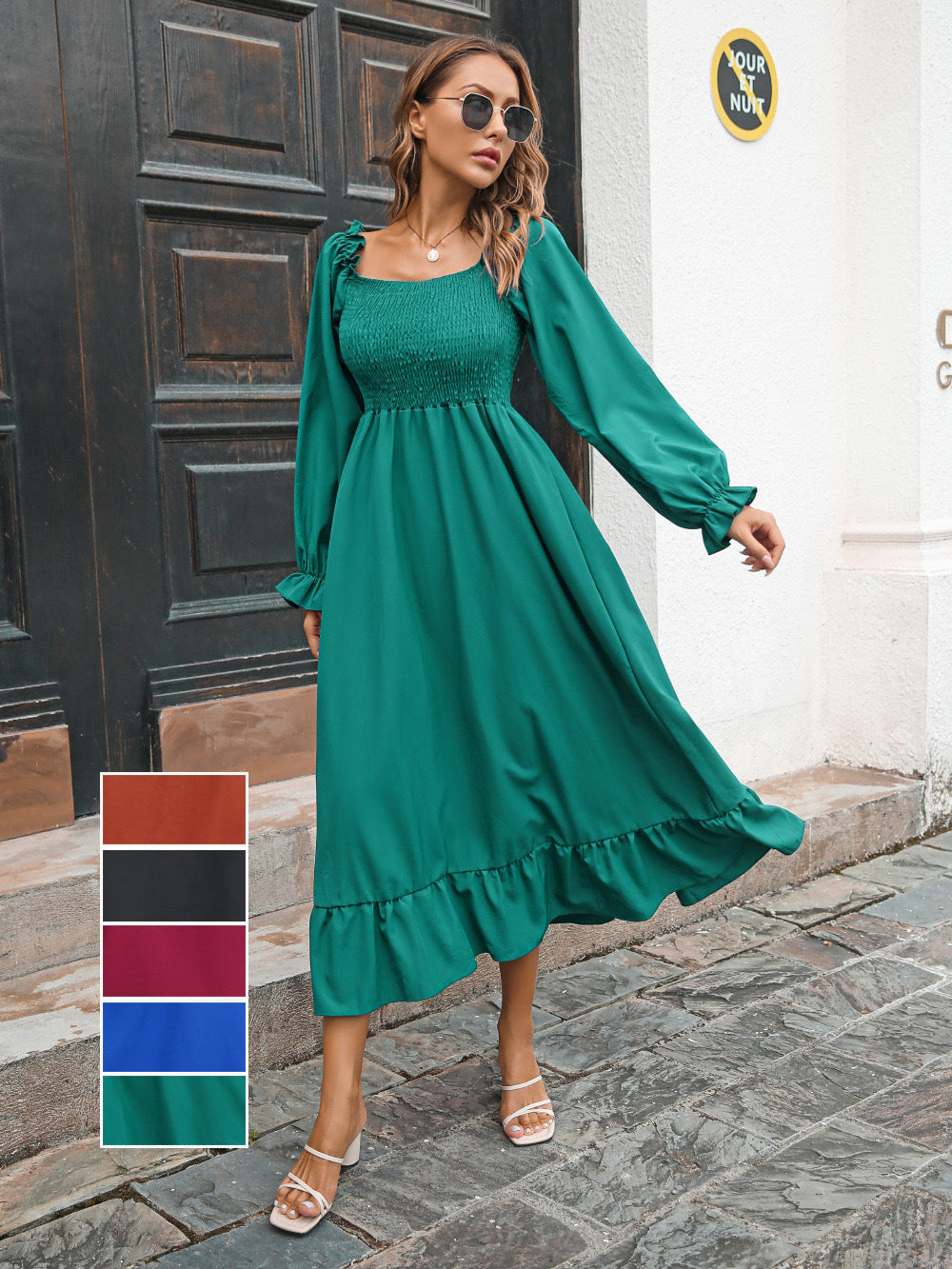 Flared Sleeve Casual Ruffled Square Collar Elastic Waist Large Swing Spring Dress