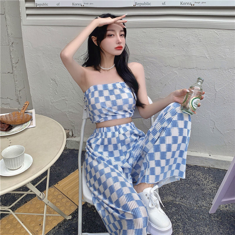 Top Plaid Pleated Wide Leg Pants