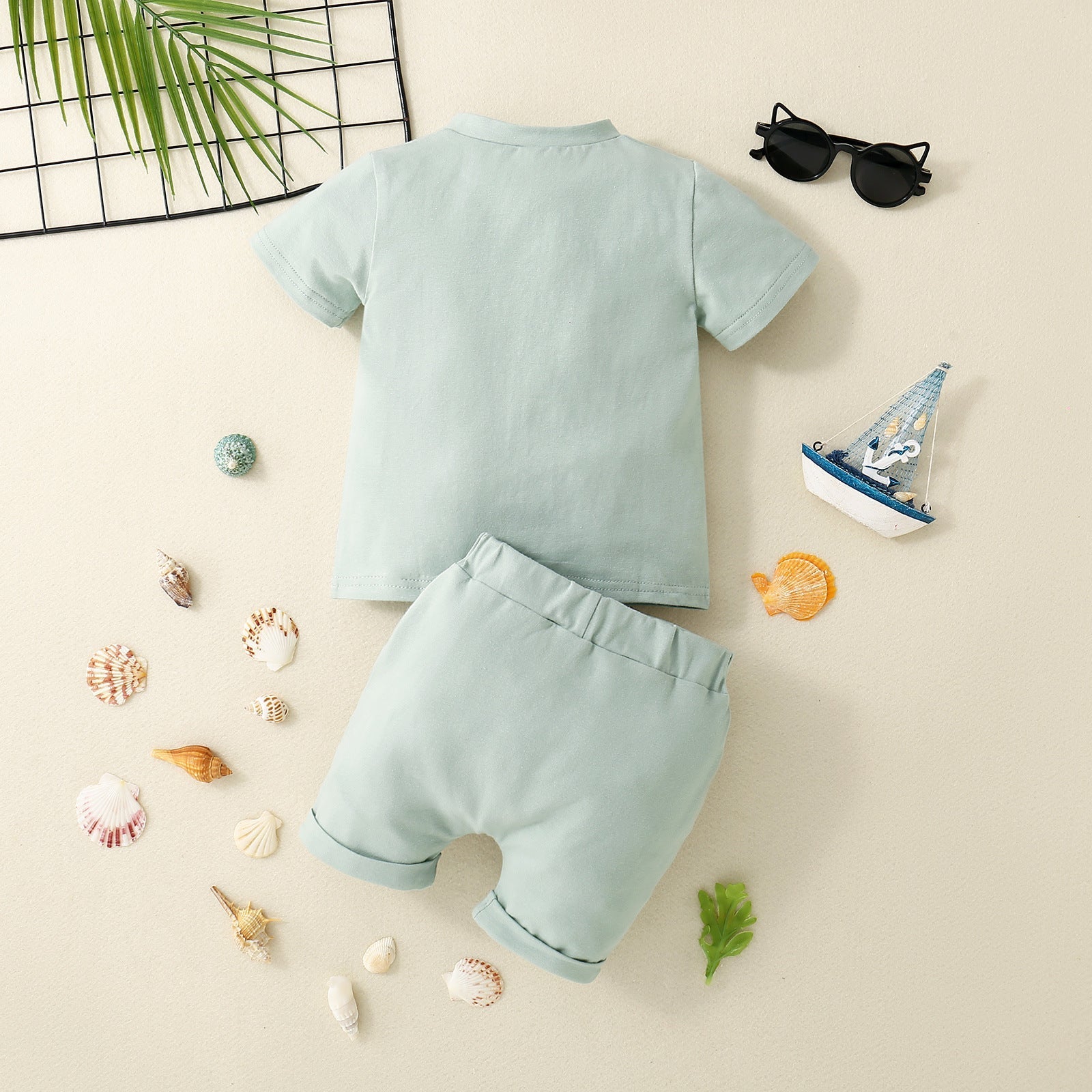 Kids Open Collar Cotton Knit Short Sleeve Shorts Set