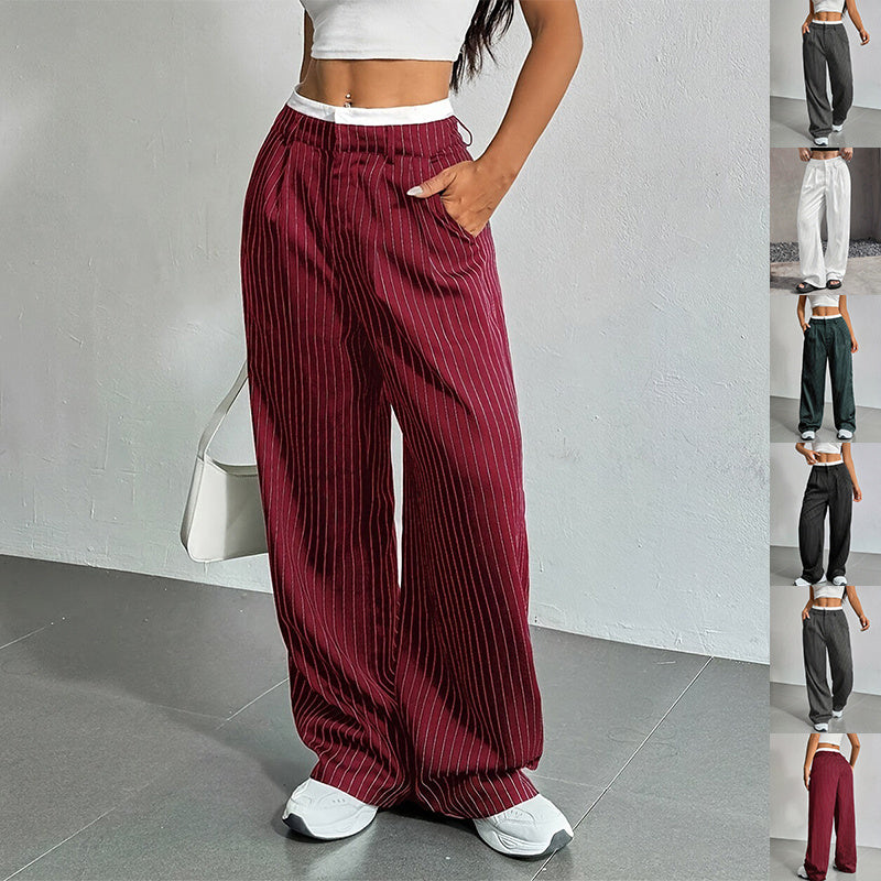 Women’s Striped Suit Pants – High-Waist Straight-Leg Trousers with Pockets & Zipper