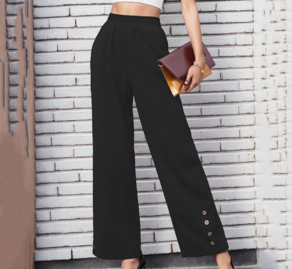 High Waist Straight Leg Pants – Women’s Button Detail Polyester Spandex Trousers