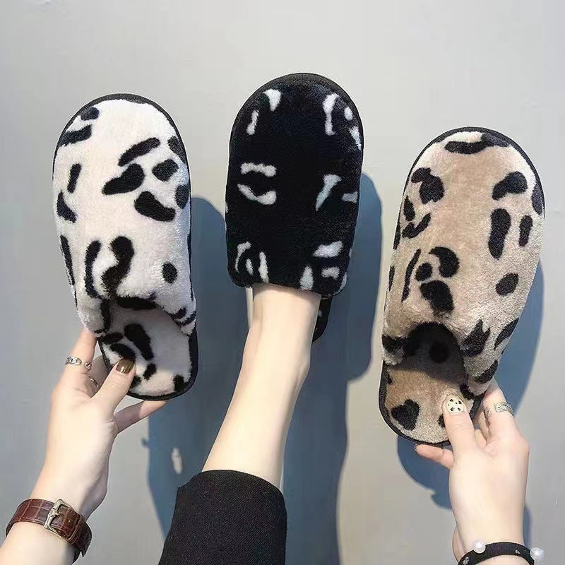 Unisex Leopard Print Suede Slippers With Warm Cotton Lining