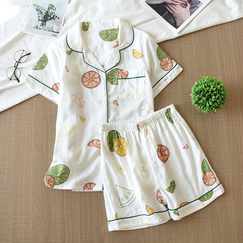 Unisex Fruit Print Cotton Gauze Two Piece Loungewear Set
