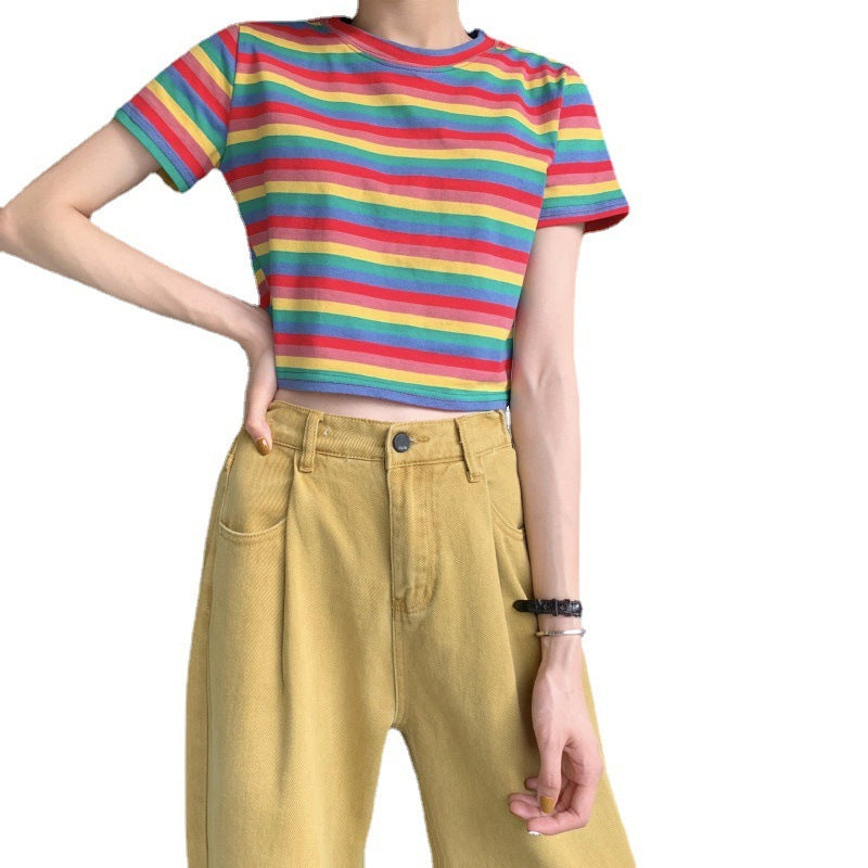 Loose Rainbow Stripes Short Sleeve T-shirt Top