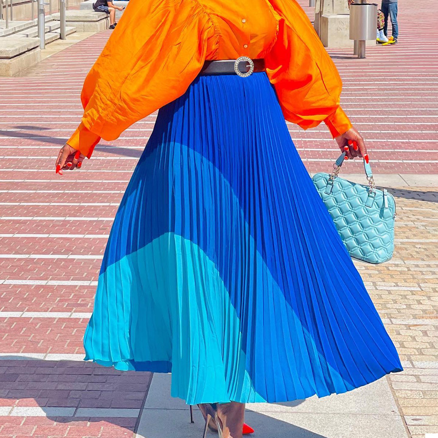 Colorblock Long A-Line Skirt with Belt – Street Fashion Pleated Maxi Skirt